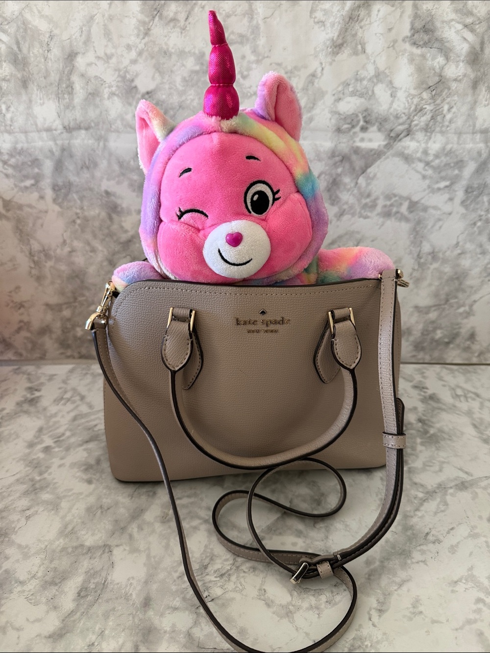 kate spade Taupe Leather Dome Satchel with Gold Hardware and care bear 🐻